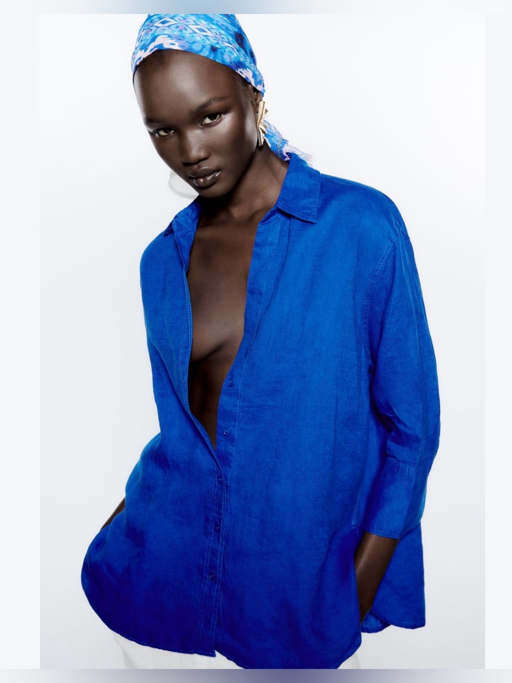 Zara Cobalt Blue Relaxed Button-Down Shirt. linen